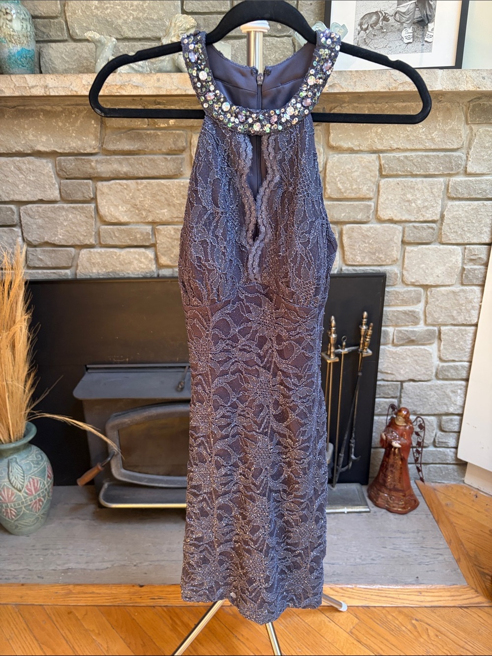 Morgan & Co. Grey Beaded Halter Lace Cocktail Dress